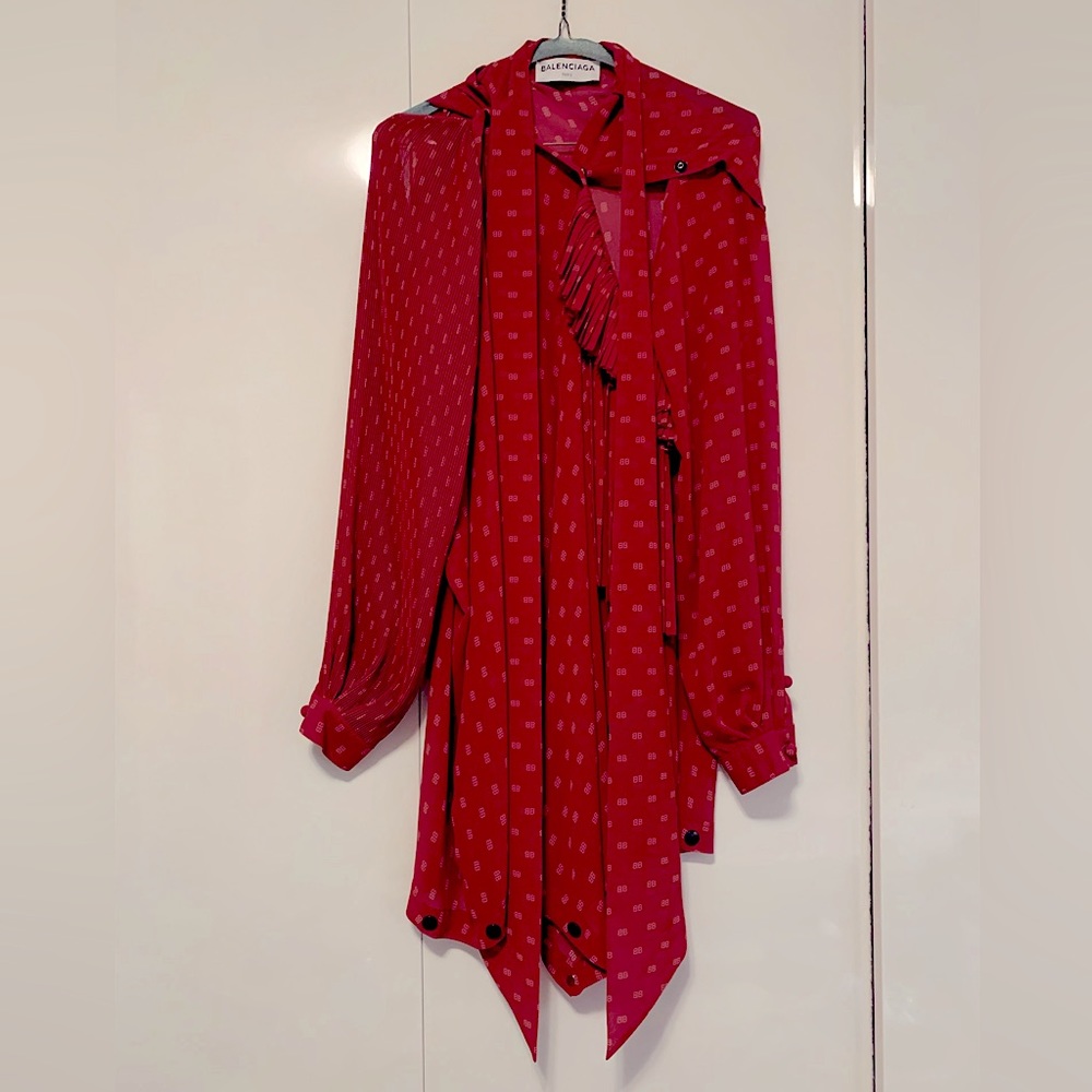 Balenciaga printed bb silk tunic top dress red pink pleated button 36